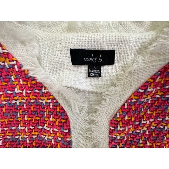 Violet B Womens Jacket Small White Hopsack Fringe Multi Crochet Hook Eye Closure - Picture 3 of 8